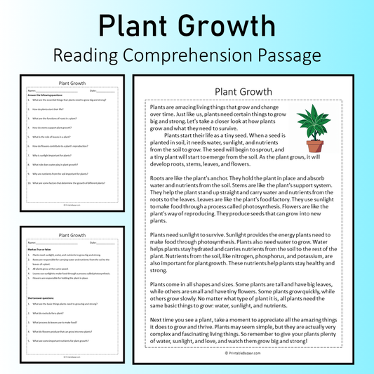 Plant Growth | Reading Comprehension Passage Printable Worksheet