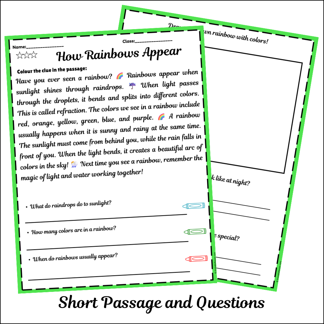 How Rainbows Appear | Short Reading Comprehension Creative Worksheet