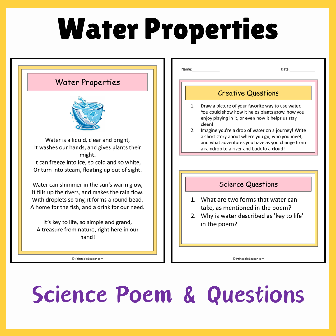 Water Properties | Science Poem Reading Comprehension Activity