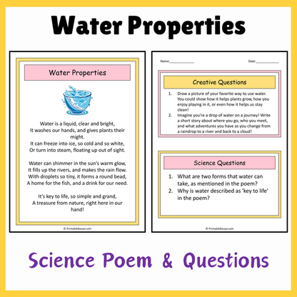 Water Properties | Science Poem Reading Comprehension Activity