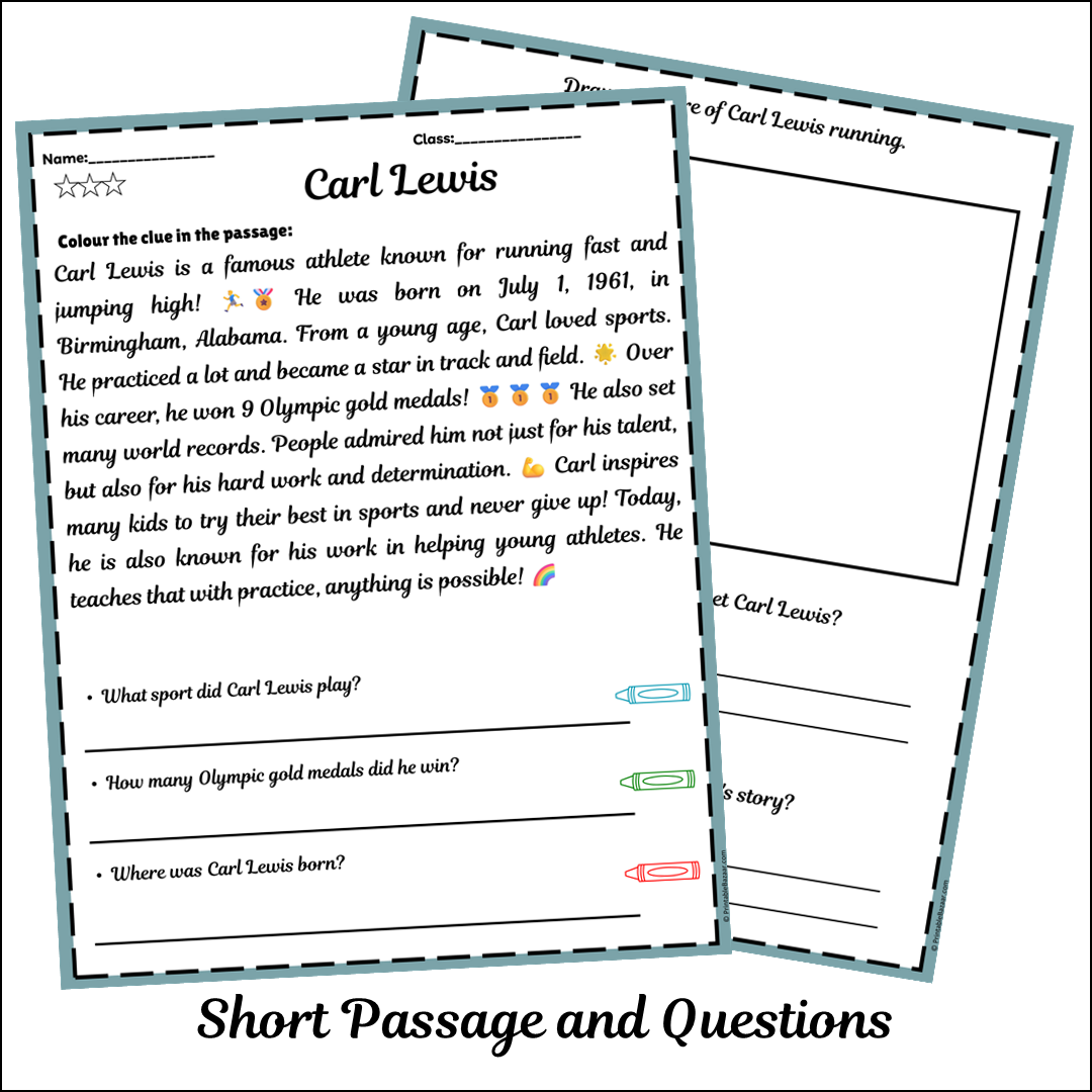 Carl Lewis | Short Reading Comprehension Creative Worksheet
