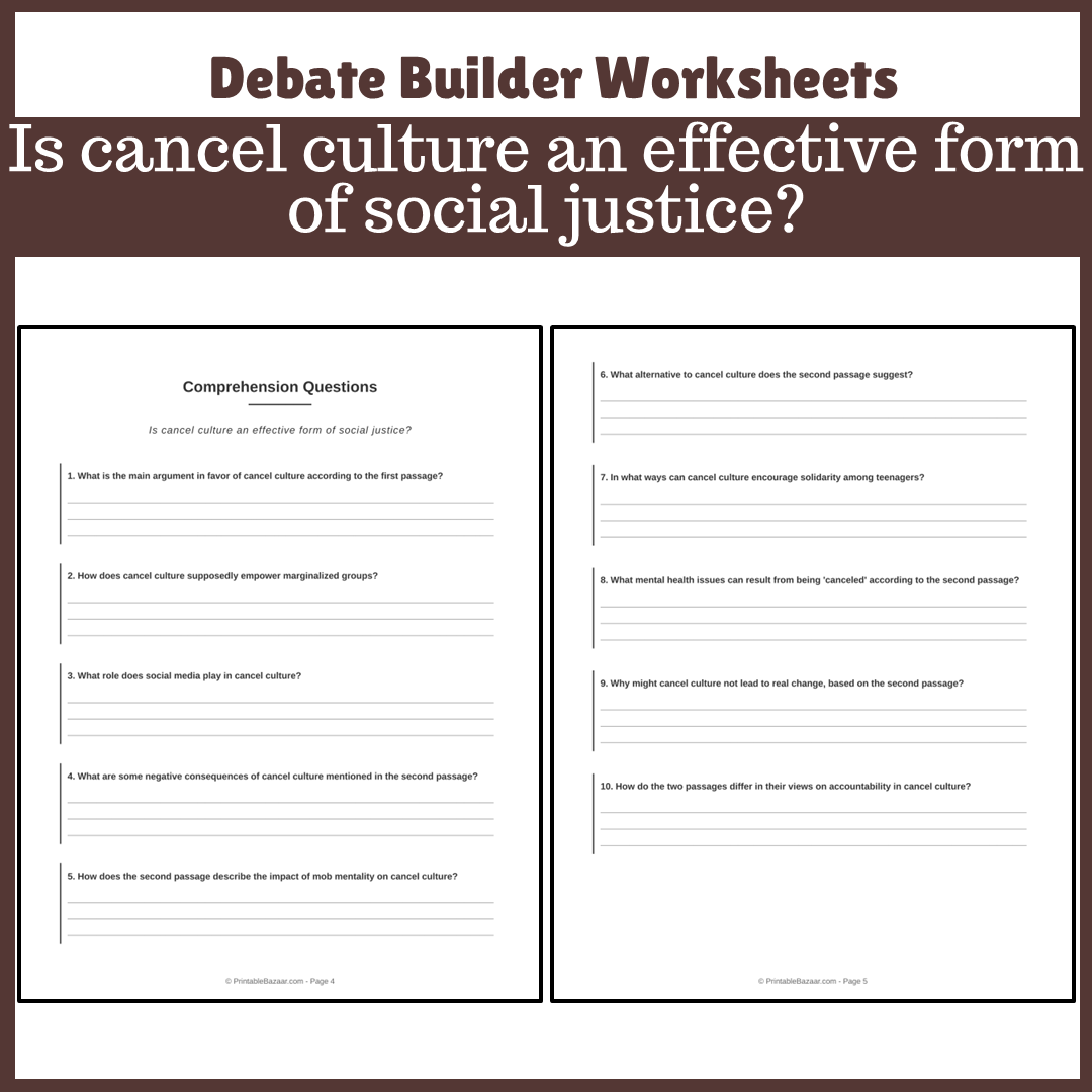 Is cancel culture an effective form of social justice? | Favour and Against Worksheet Printable Activity