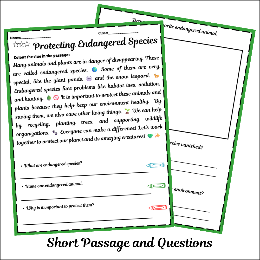 Protecting Endangered Species | Short Reading Comprehension Creative Worksheet