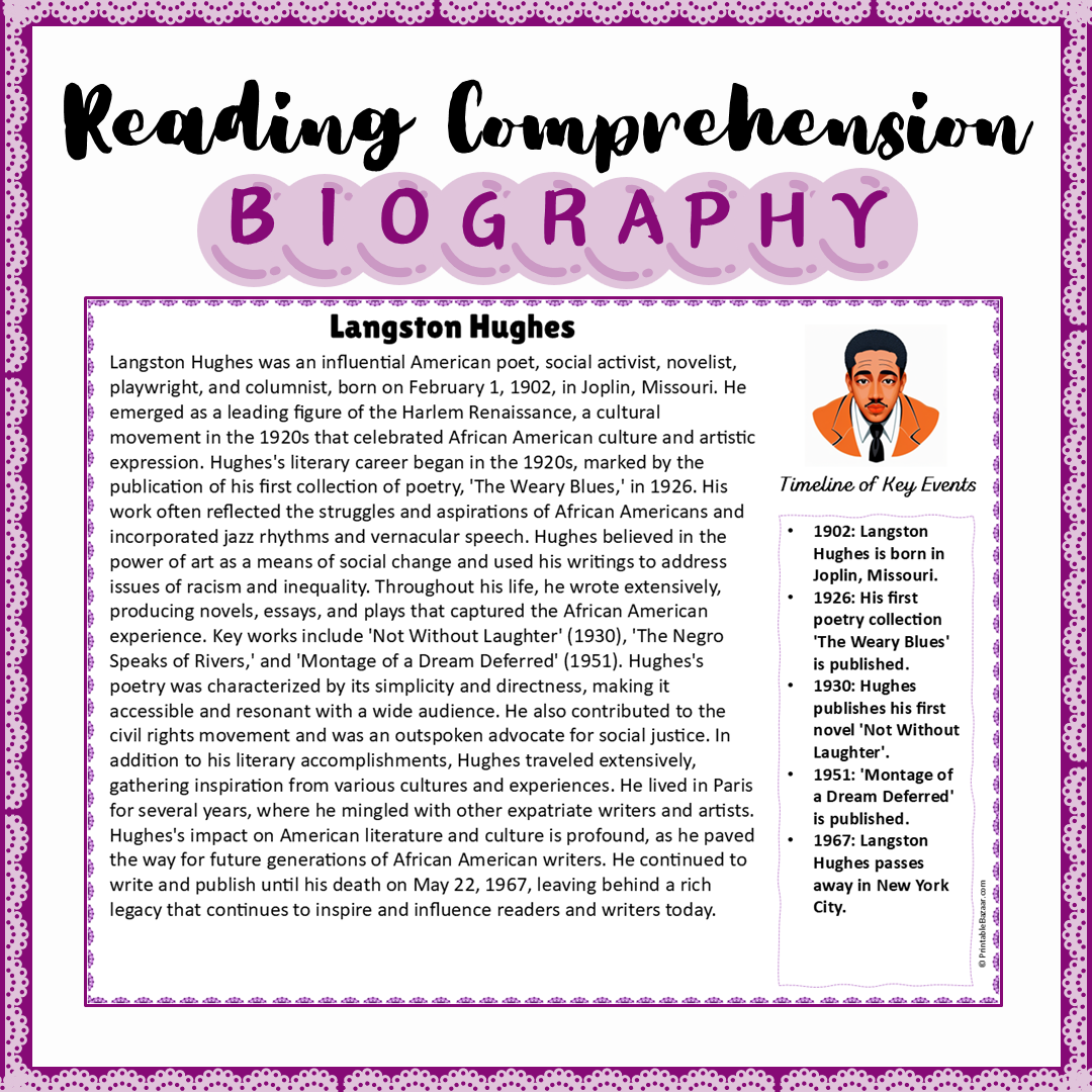 Langston Hughes | Biography Reading Comprehension and Questions Worksheet