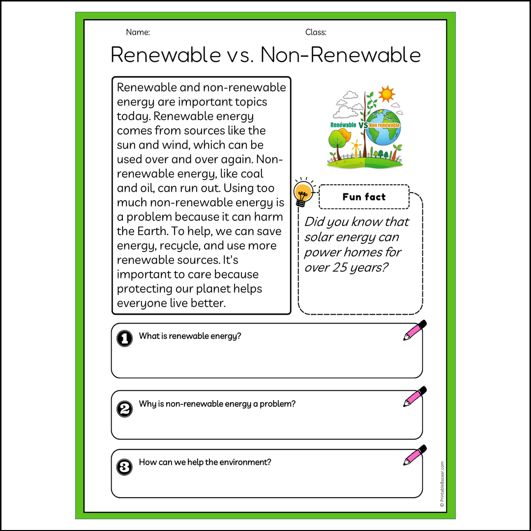 Renewable vs. Non-Renewable | Reading Passage Comprehension Questions Writing Facts Worksheet