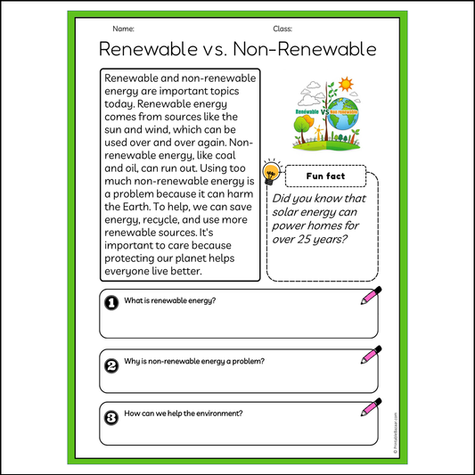 Renewable vs. Non-Renewable | Reading Passage Comprehension Questions Writing Facts Worksheet