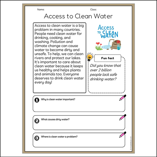 Access to Clean Water | Reading Passage Comprehension Questions Writing Facts Worksheet