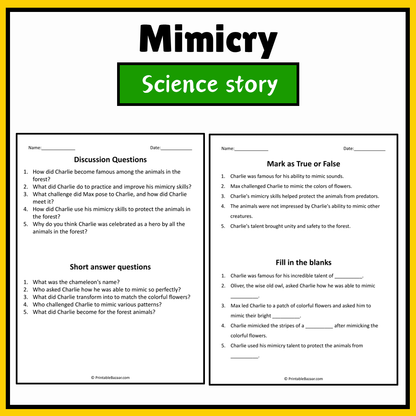 Mimicry | Science Story Reading Comprehension Activity