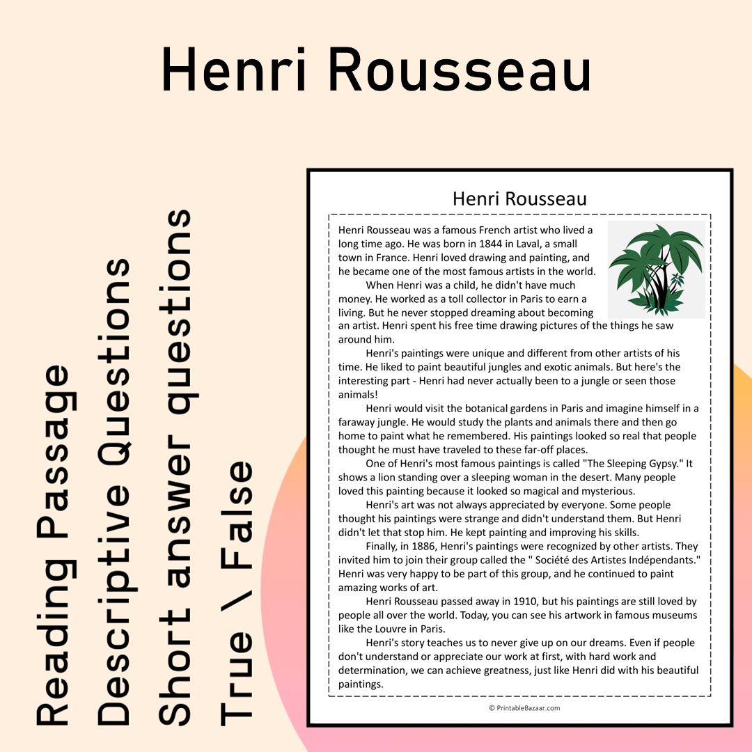 Henri Rousseau | Reading Comprehension Passage Printable Activity