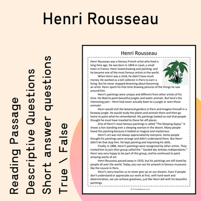 Henri Rousseau | Reading Comprehension Passage Printable Activity