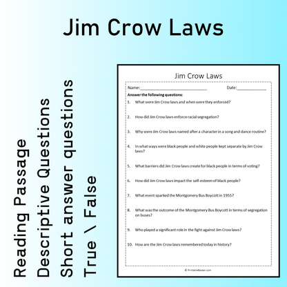 Jim Crow Laws | Reading Comprehension Passage Printable Worksheet