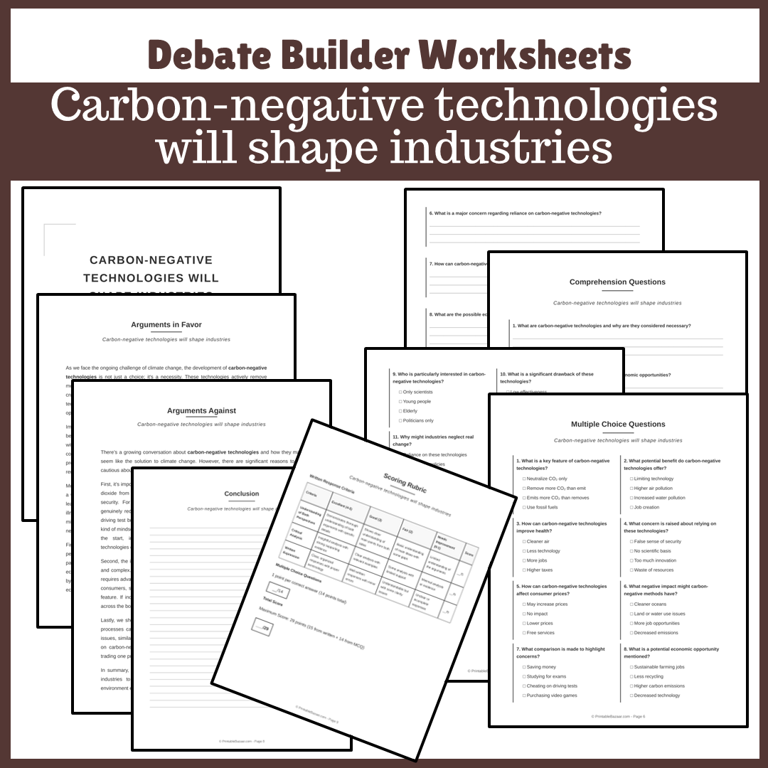 Carbon-negative technologies will shape industries | Favour and Against Worksheet Printable Activity