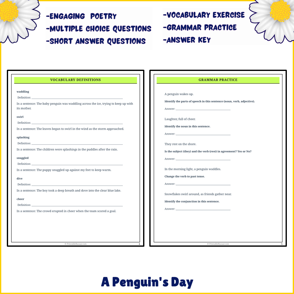 A Penguin's Day | Poem Grammar Worksheet Printable Activity