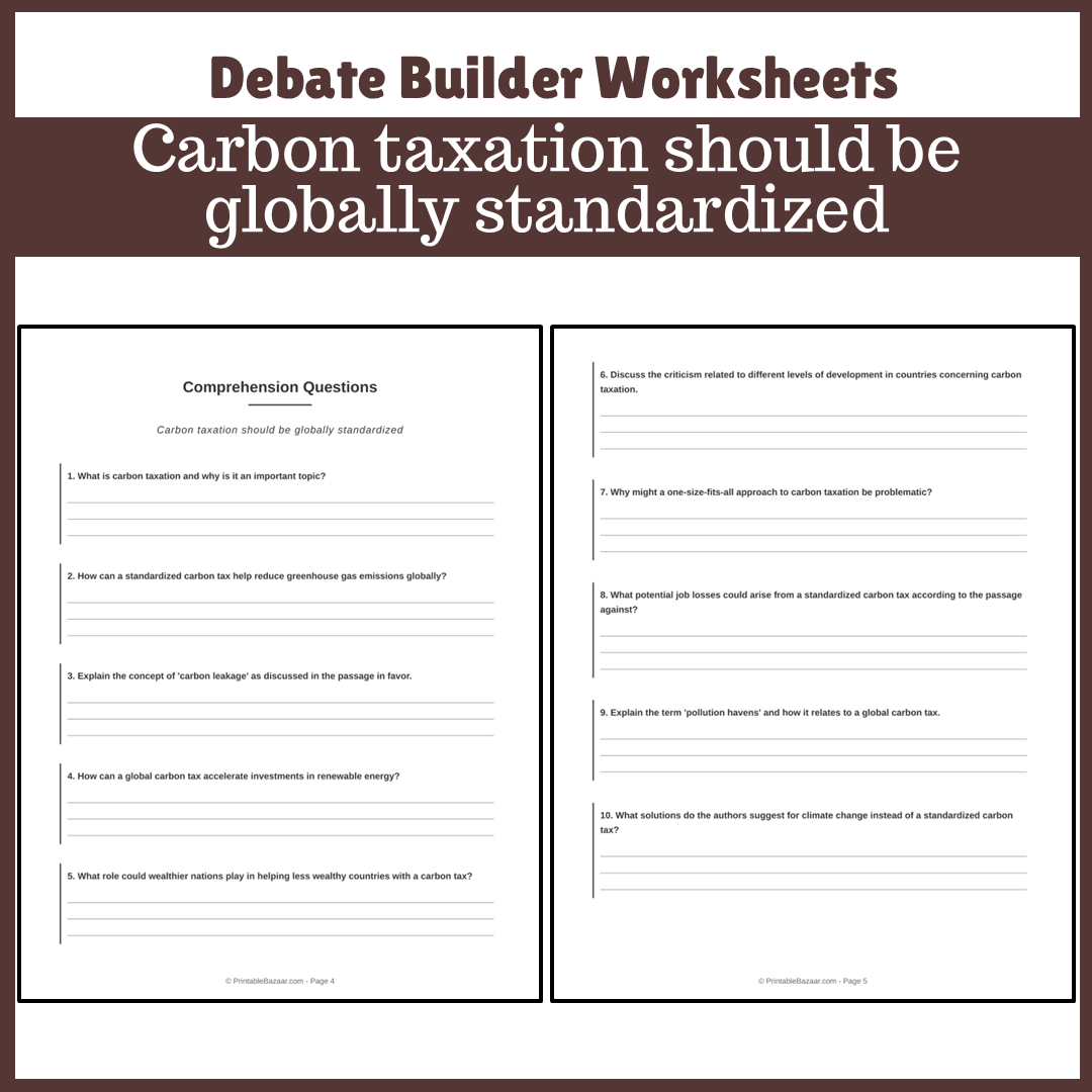 Carbon taxation should be globally standardized | Favour and Against Worksheet Printable Activity