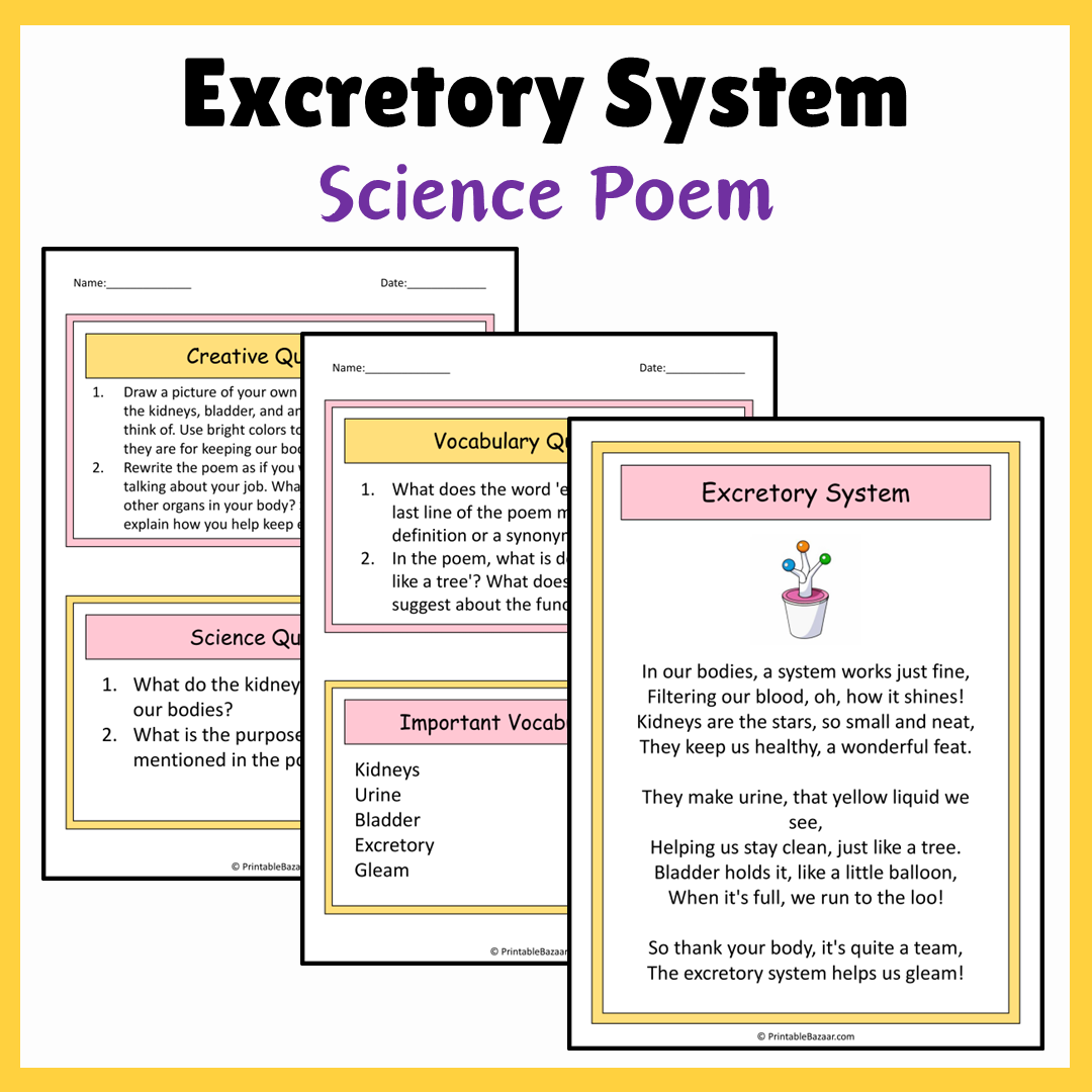 Excretory System | Science Poem Reading Comprehension Activity