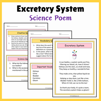 Excretory System | Science Poem Reading Comprehension Activity