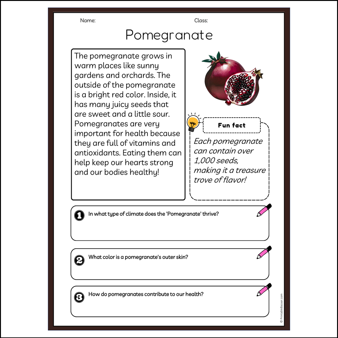 Pomegranate | Reading Passage Comprehension Questions Writing Facts Worksheet