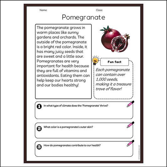 Pomegranate | Reading Passage Comprehension Questions Writing Facts Worksheet