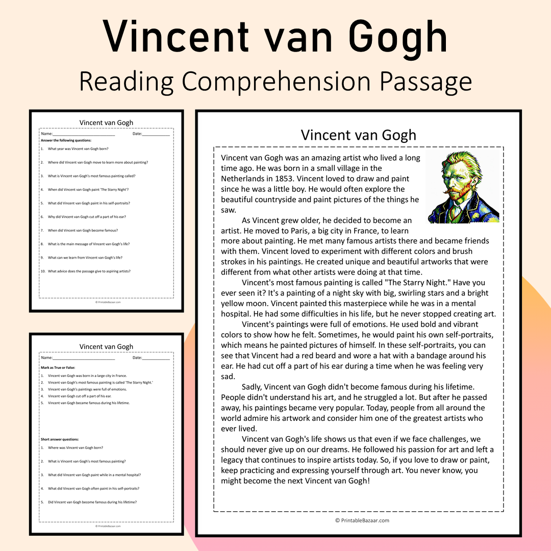 Vincent van Gogh | Reading Comprehension Passage Printable Activity