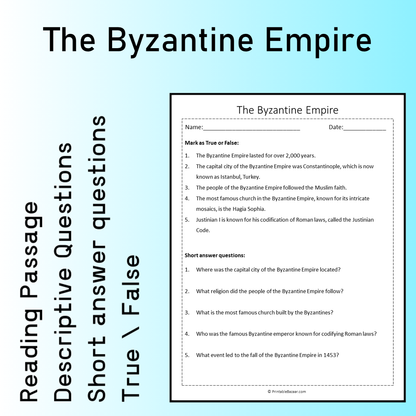 The Byzantine Empire | Reading Comprehension Passage Printable Worksheet