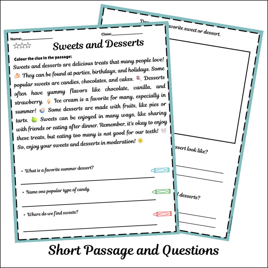 Sweets and Desserts | Short Reading Comprehension Creative Worksheet