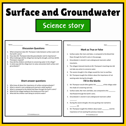 Surface and Groundwater | Science Story Reading Comprehension Activity