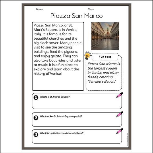 Piazza San Marco | Reading Passage Comprehension Questions Writing Facts Worksheet
