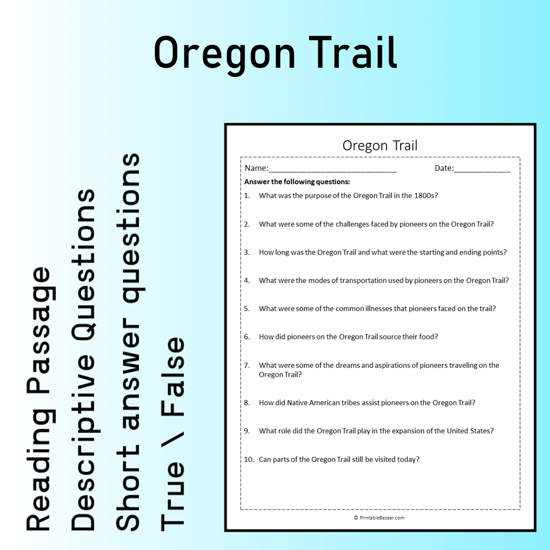 Oregon Trail | Reading Comprehension Passage Printable Worksheet