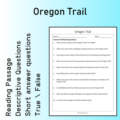 Oregon Trail | Reading Comprehension Passage Printable Worksheet