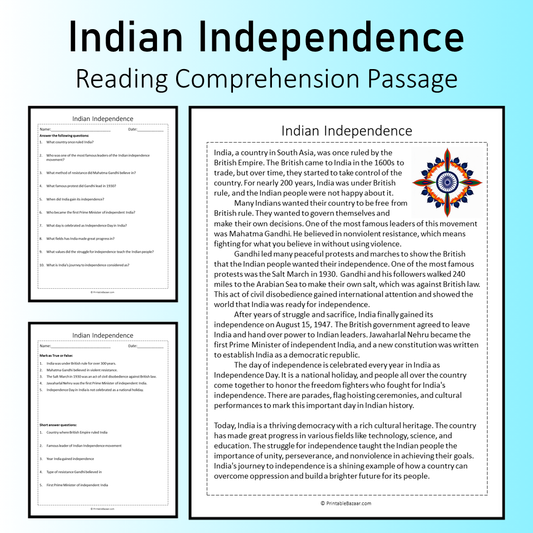 Indian Independence | Reading Comprehension Passage Printable Worksheet