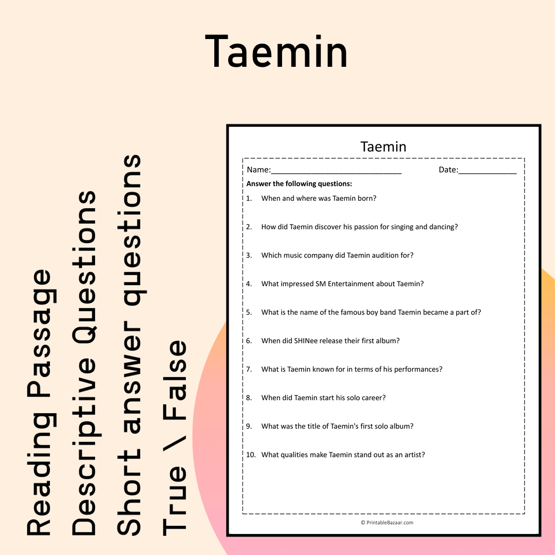 Taemin | Reading Comprehension Passage Printable Activity