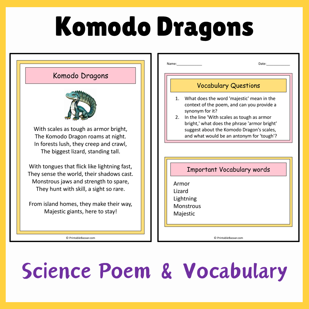 Komodo Dragons | Science Poem Reading Comprehension Activity