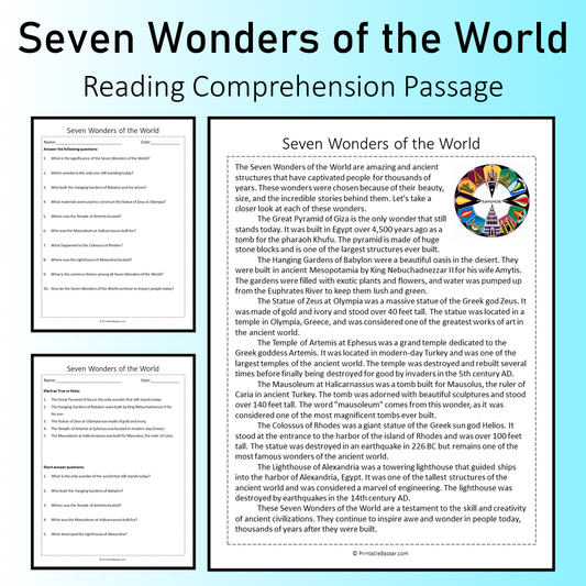 Seven Wonders of the World | Reading Comprehension Passage Printable Worksheet
