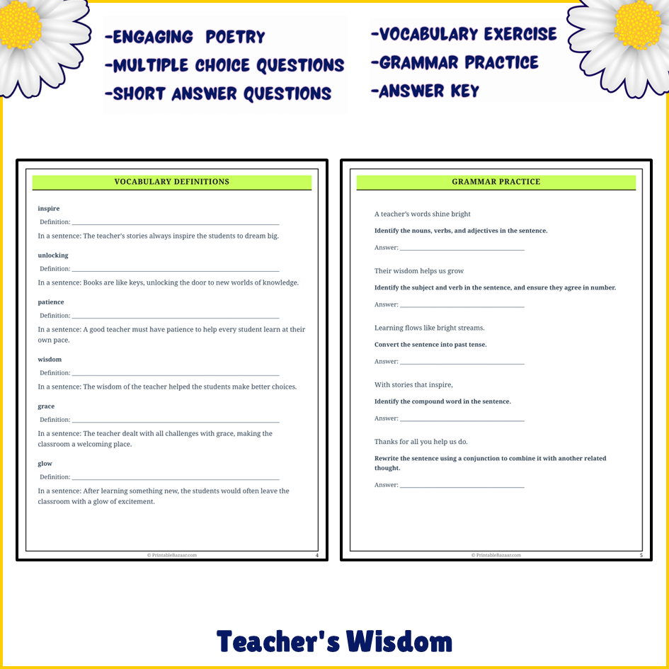 Teacher's Wisdom | Poem Grammar Worksheet Printable Activity