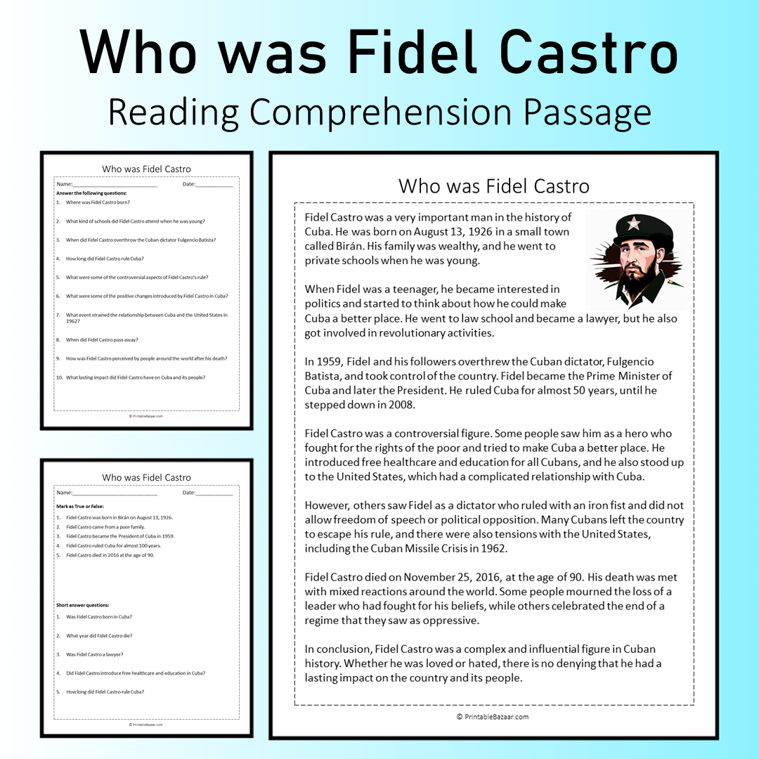 Who was Fidel Castro | Reading Comprehension Passage Printable Worksheet