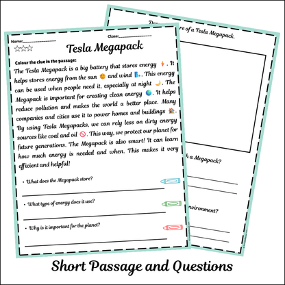 Tesla Megapack | Short Reading Comprehension Creative Worksheet