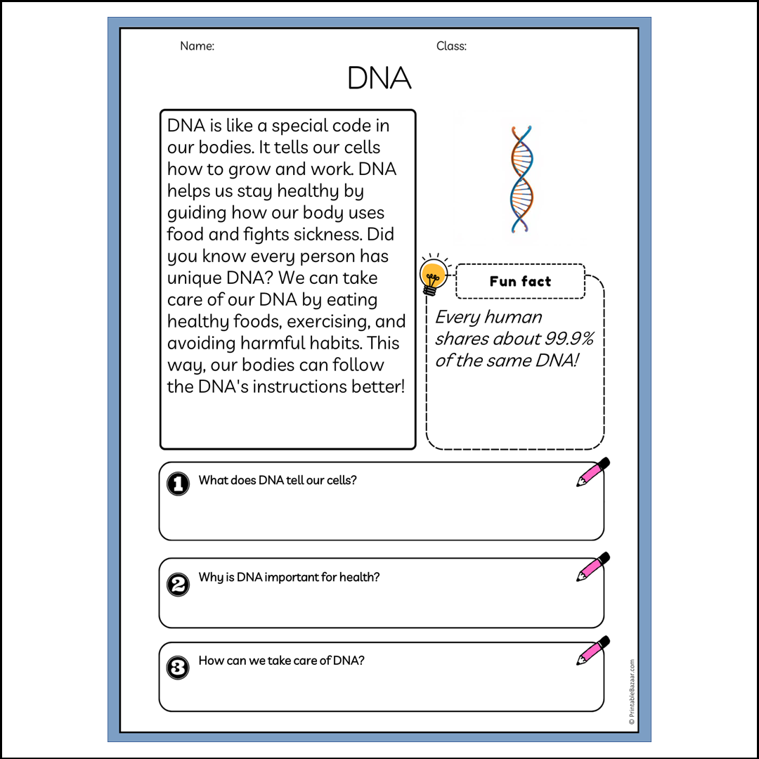 DNA | Reading Passage Comprehension Questions Writing Facts Worksheet