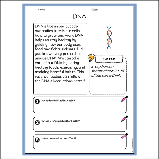 DNA | Reading Passage Comprehension Questions Writing Facts Worksheet