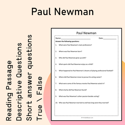 Paul Newman | Reading Comprehension Passage Printable Activity