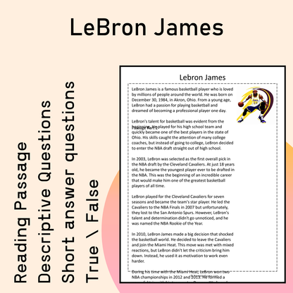 LeBron James | Reading Comprehension Passage Printable Activity