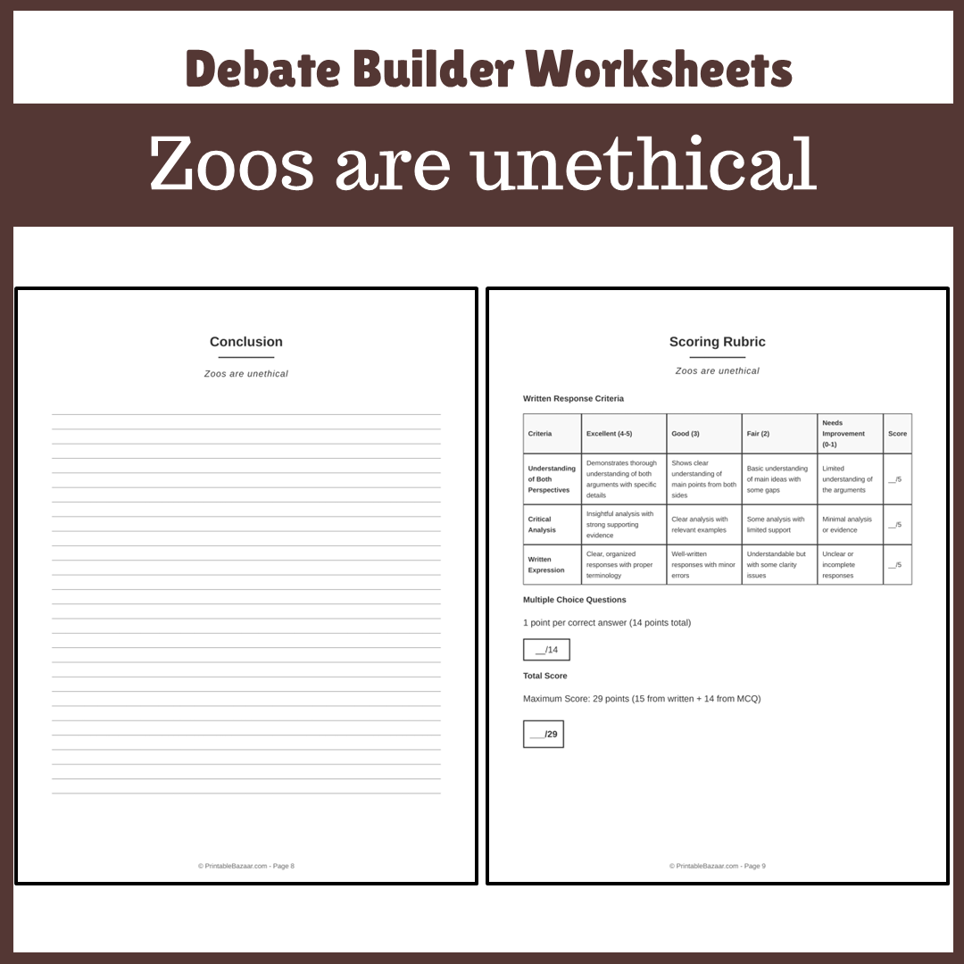 Zoos are unethical | Favour and Against Worksheet Printable Activity