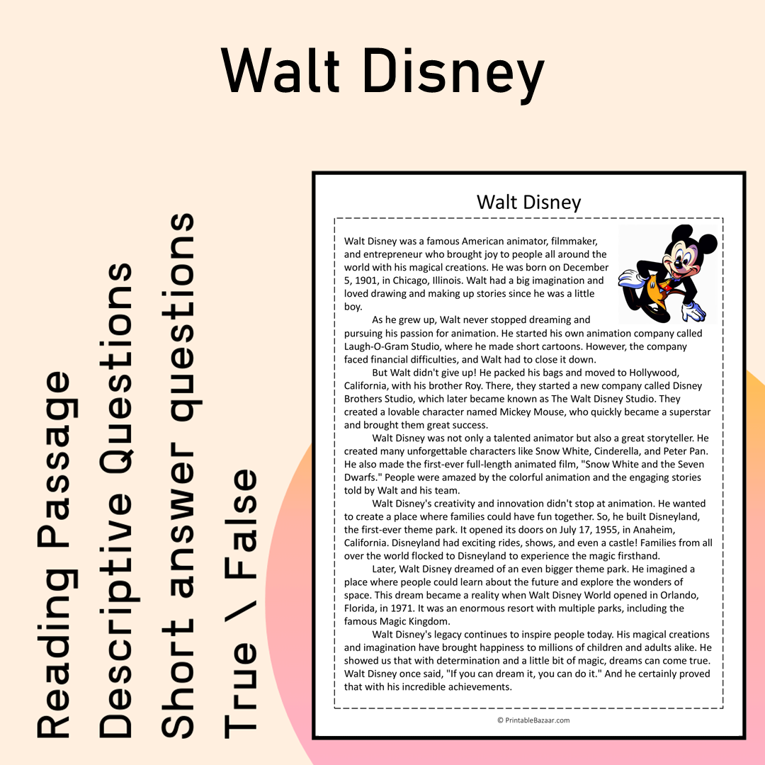 Walt Disney | Reading Comprehension Passage Printable Activity