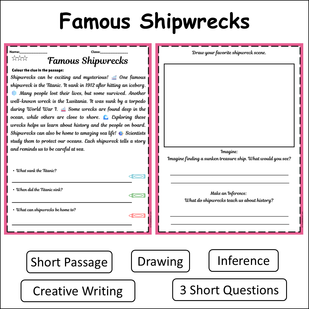 Famous Shipwrecks | Short Reading Comprehension Creative Worksheet
