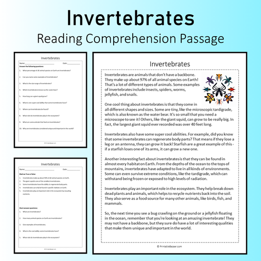 Invertebrates | Reading Comprehension Passage Printable Worksheet