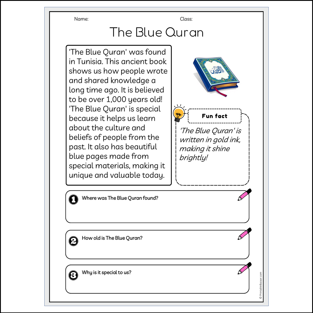 The Blue Quran | Reading Passage Comprehension Questions Writing Facts Worksheet