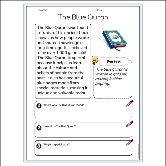 The Blue Quran | Reading Passage Comprehension Questions Writing Facts Worksheet