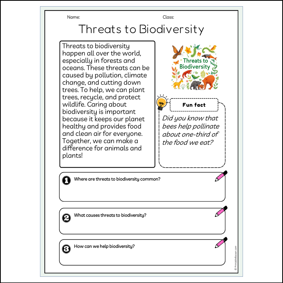 Threats to Biodiversity | Reading Passage Comprehension Questions Writing Facts Worksheet