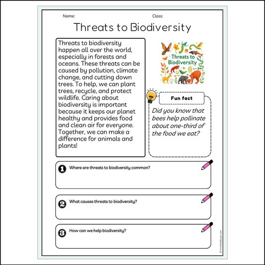 Threats to Biodiversity | Reading Passage Comprehension Questions Writing Facts Worksheet