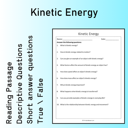 Kinetic Energy | Reading Comprehension Passage Printable Worksheet