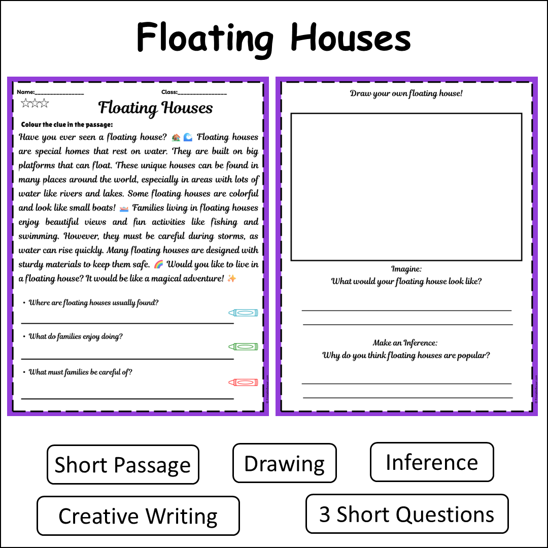 Floating Houses | Short Reading Comprehension Creative Worksheet